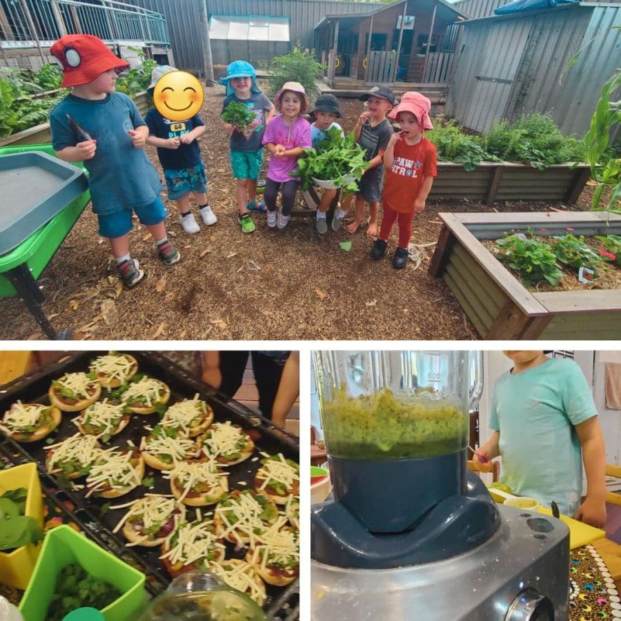 Children harvesting native Australian 'bush tucker' ingredients and making warrigal greens pesto and mini pizzas with the bounty